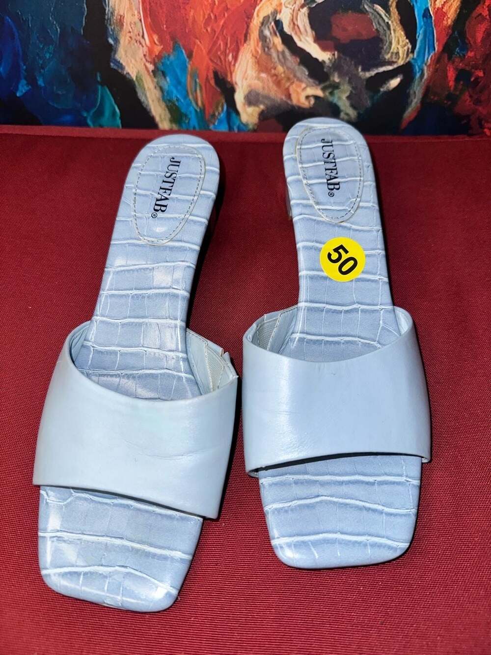 No.50 JustFab Light Blue Crocodile Embossed Chunky Block Heel Mules Sandals